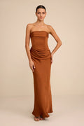 Verbena Magenta Satin Draped Strapless Maxi Dress