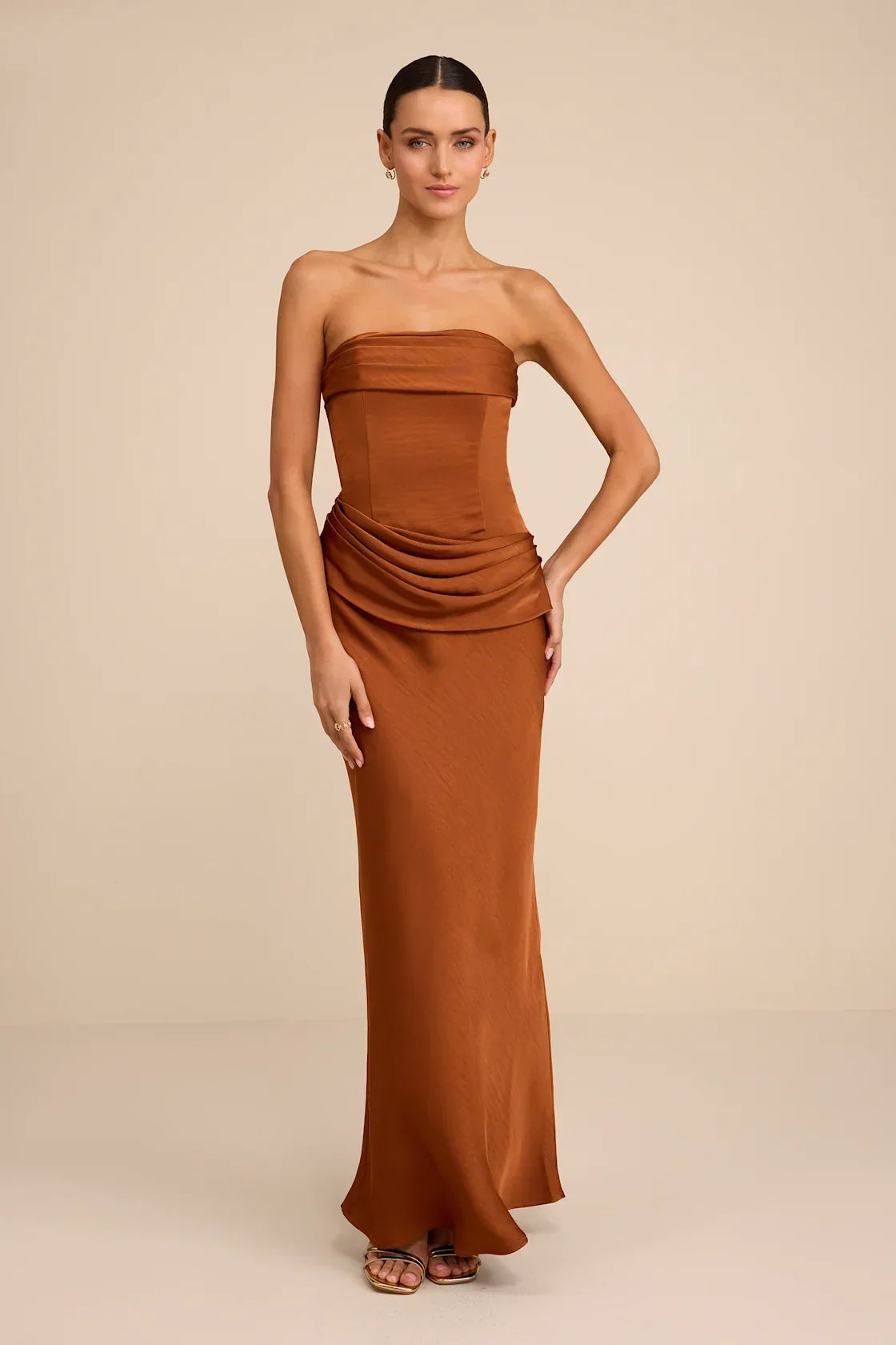 Verbena Magenta Satin Draped Strapless Maxi Dress