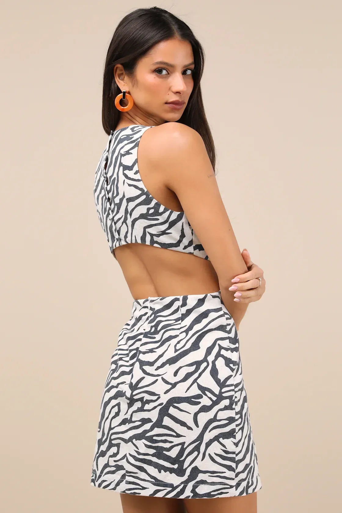 Alouette Beige and Black Zebra Print Linen Cutout Mini Dress