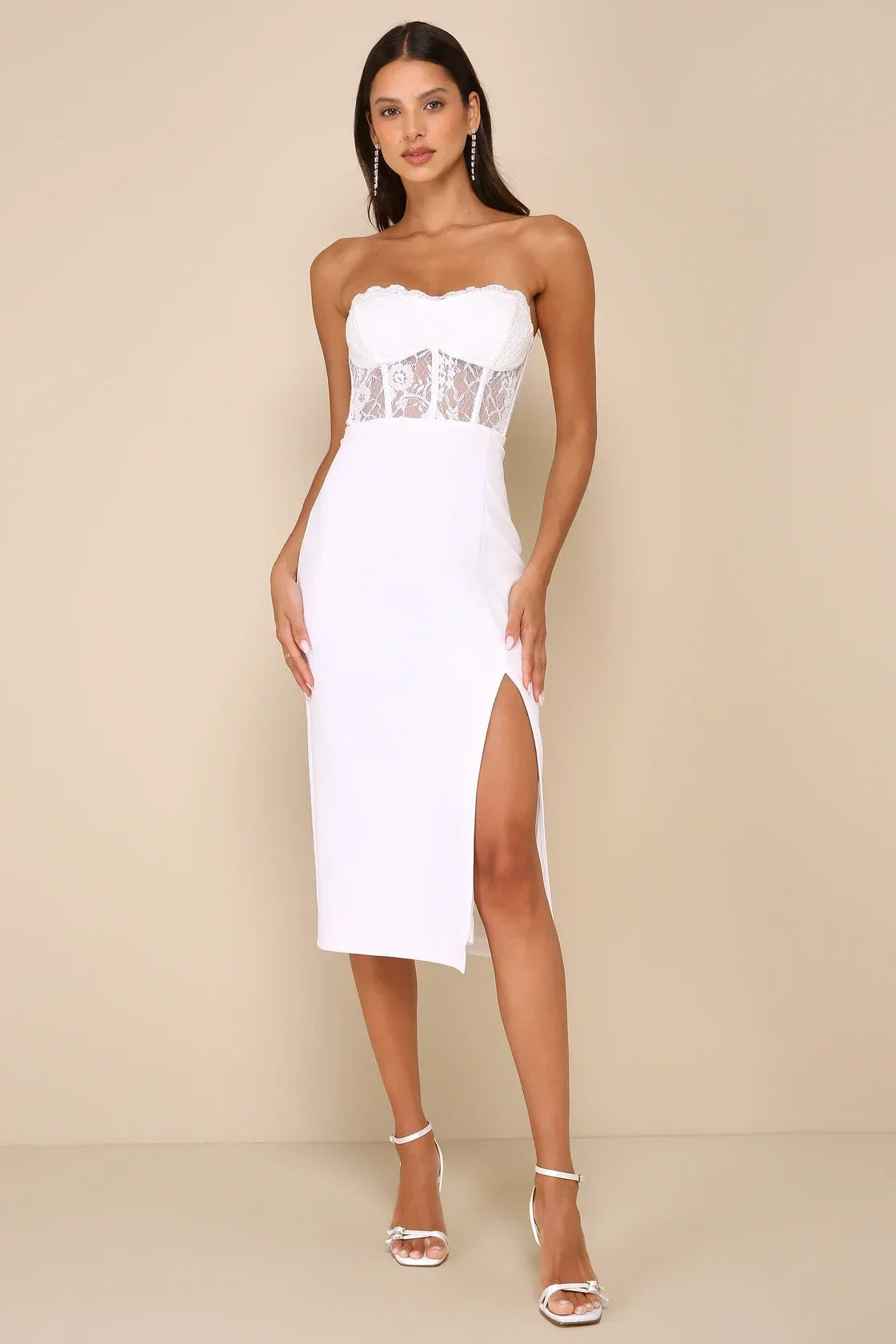 Exquisitely Sultry White Lace Strapless Bustier Midi Dress