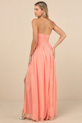 Luxe Favorite Peach Pink Strapless Ruched Maxi Dress