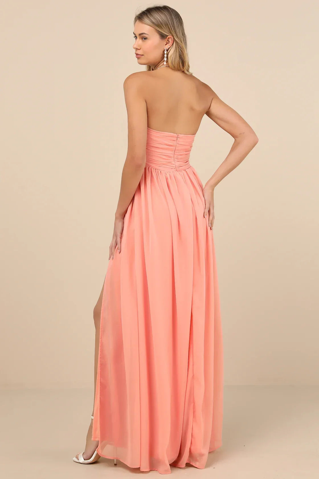 Luxe Favorite Peach Pink Strapless Ruched Maxi Dress