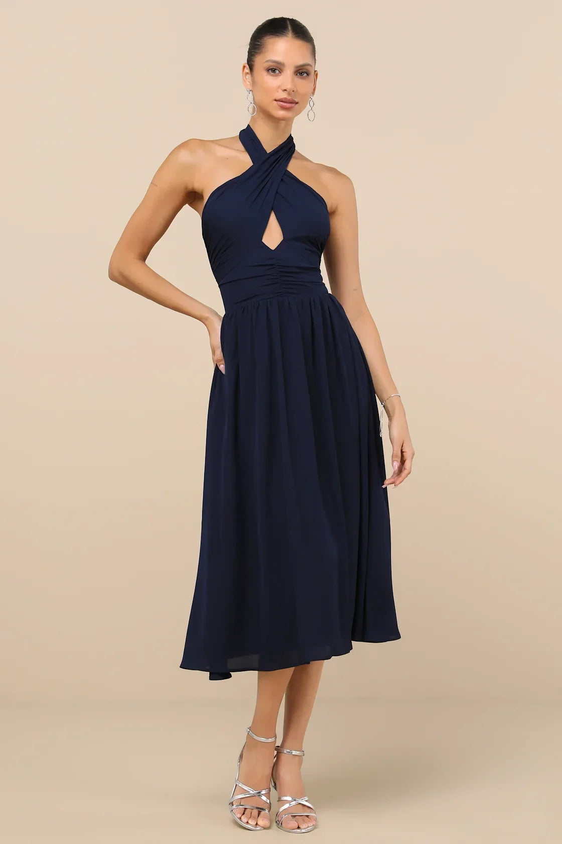 Emrah Red Cross-Front Cutout Halter Midi Dress