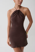 Maggie Cupro Halter Mini Dress - Dark Chocolate