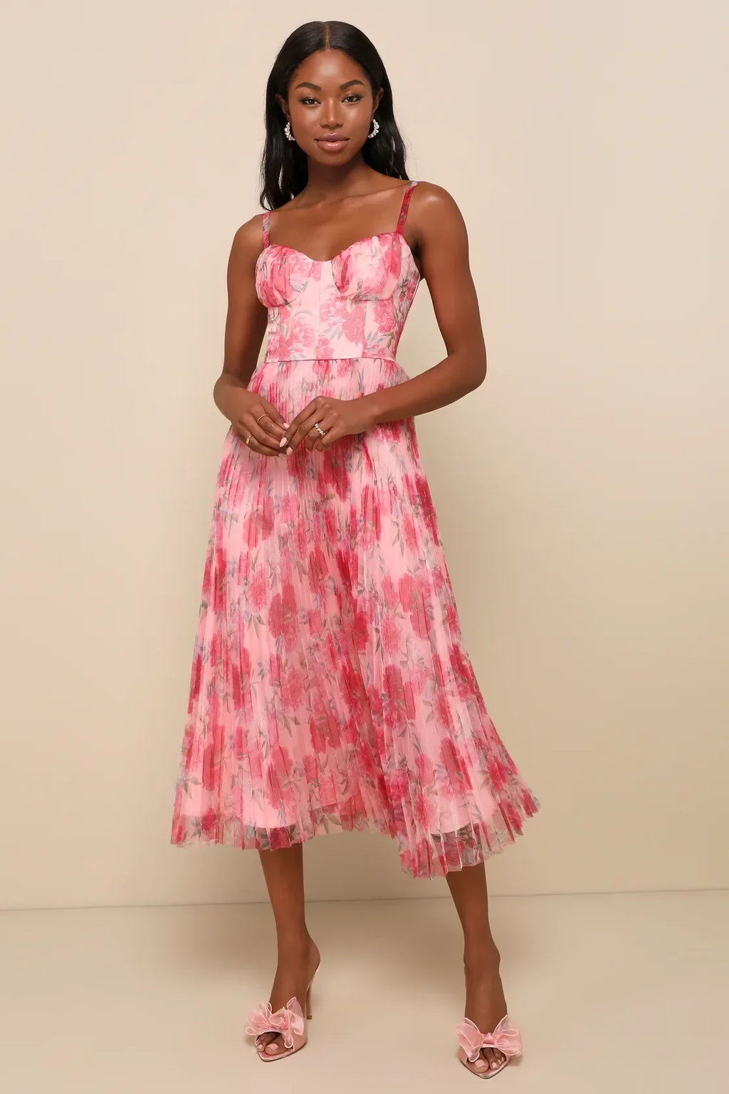 Alluring Invite Purple Multi Floral Pleated Bustier Midi Dress