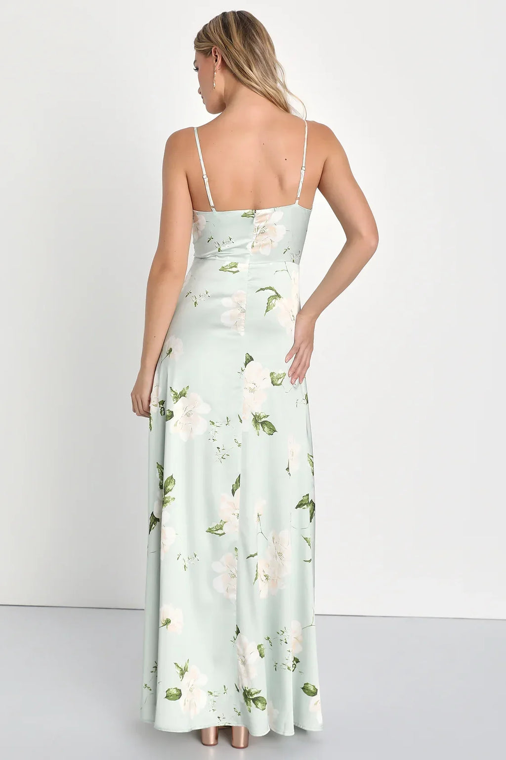 Radiant Occasion Light Green Floral Satin A-Line Maxi Dress