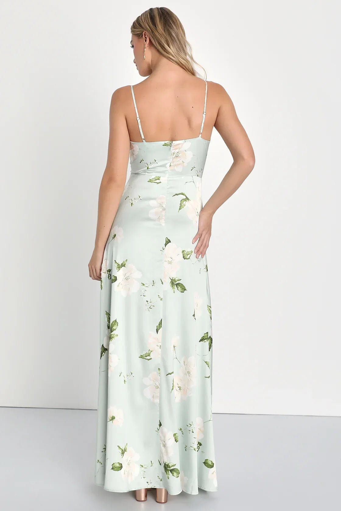 Radiant Occasion Light Green Floral Satin A-Line Maxi Dress