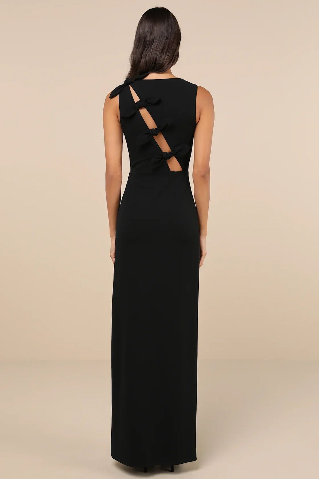 Perfected Poise Black Bow Cutout Column Maxi Dress