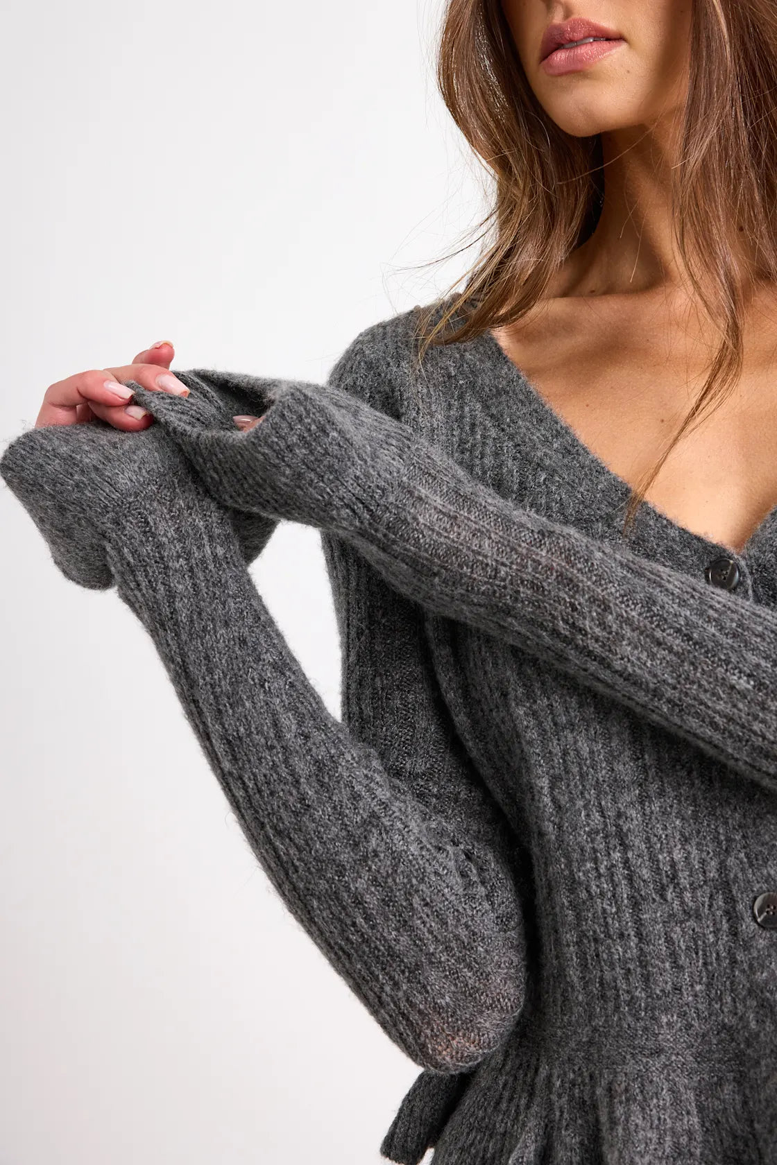 Midge Pink Ribbed Knit Ruffled Cardigan