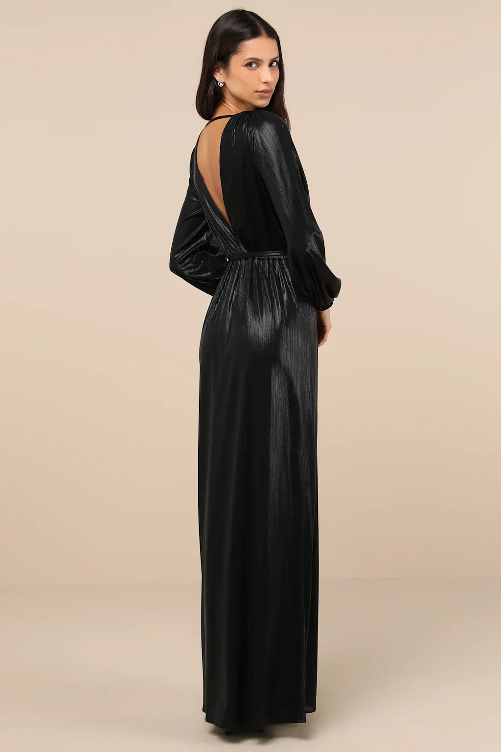 Extra Aesthetic Black Shiny Long Sleeve Surplice Maxi Dress