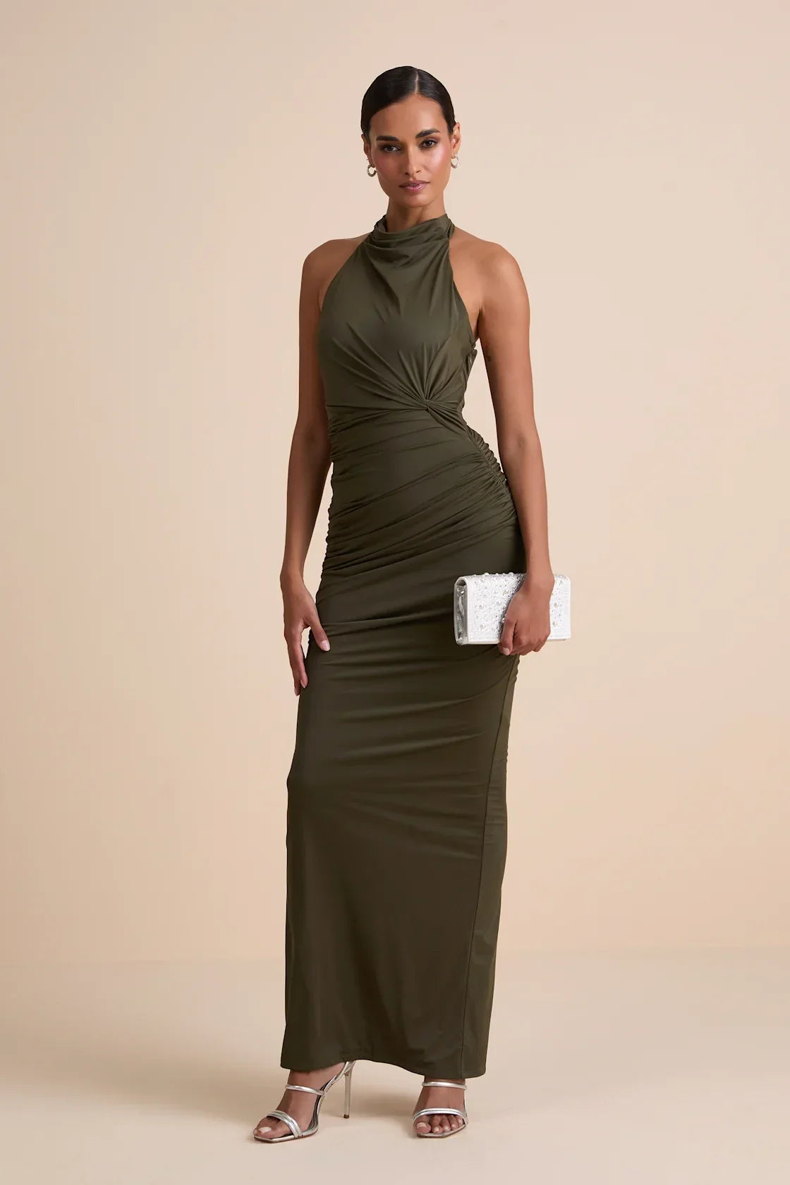 Seraiah Olive Green Knotted Ruched Halter Maxi Dress