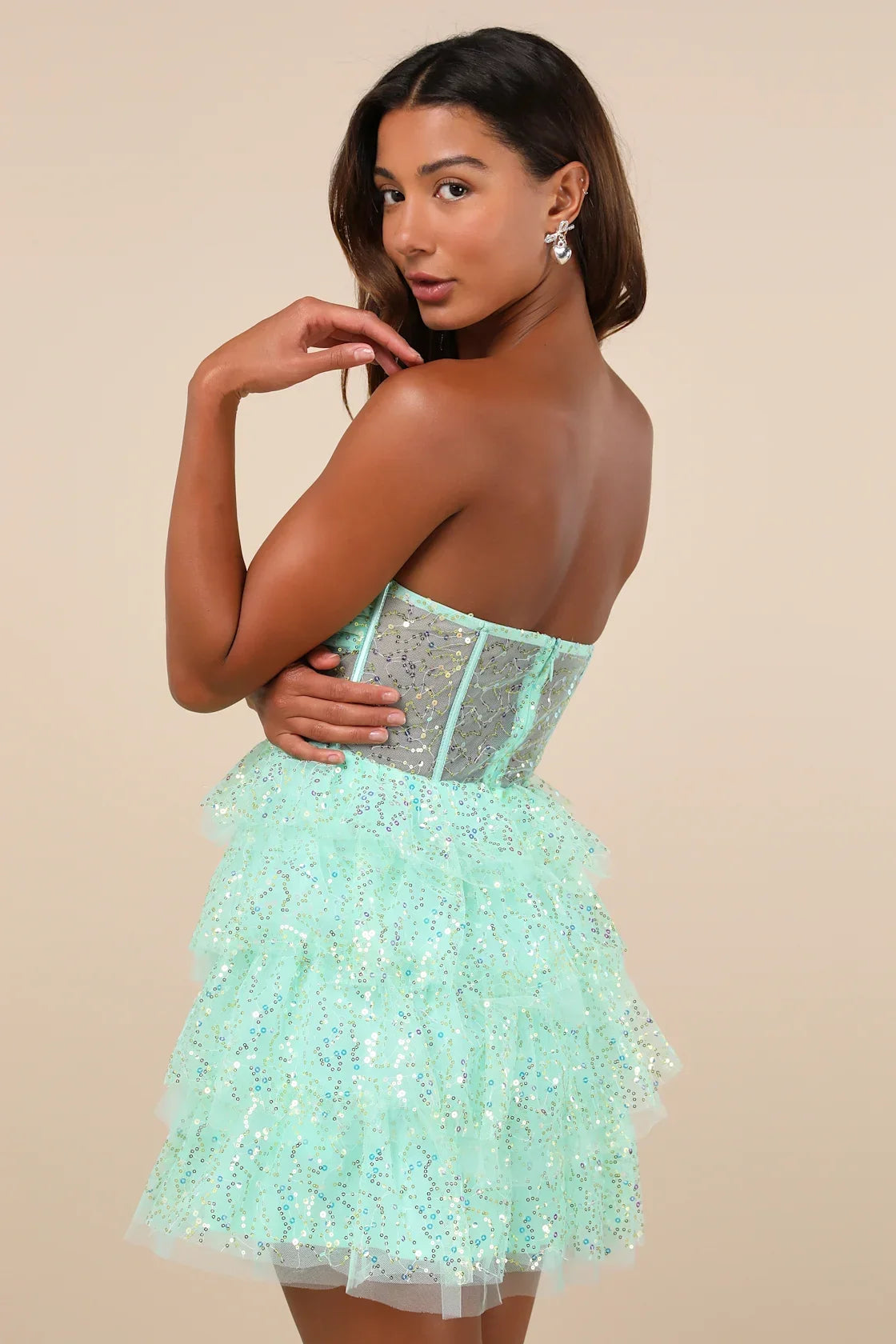 Illustrious Glow Mint Green Sheer Tulle Sequin Tiered Mini Dress