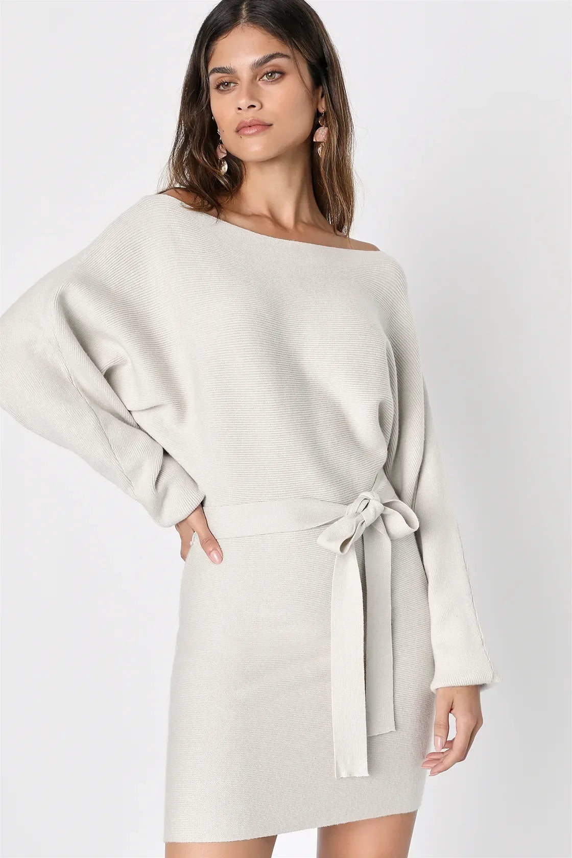 Modern Comfort Olive Green Dolman Sleeve Mini Sweater Dress