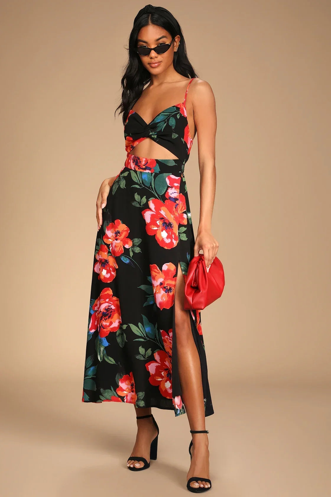 Tropical Blooms Light Blue Floral Print Tie-Back Cutout Dress