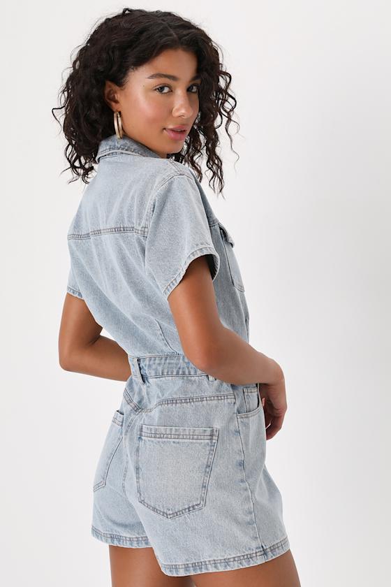 Festival Feelin' Light Wash Short Sleeve Denim Romper