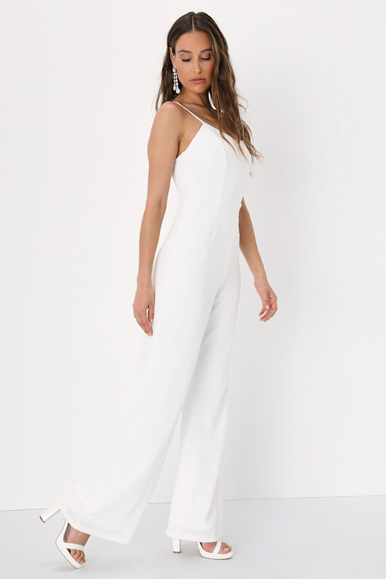 Stay Out Later White Backless Wide-Leg Jumpsuit