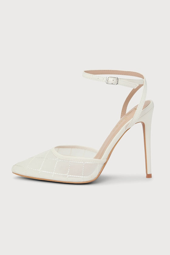 Louize White Embroidered Ankle-Strap Heels