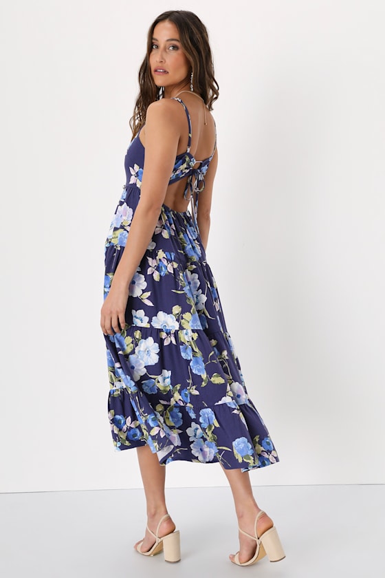 Mykonos Mood Navy Blue Floral Print Tie-Strap Tiered Midi Dress