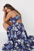 Mykonos Mood Navy Blue Floral Print Tie-Strap Tiered Midi Dress