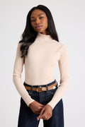 Wilde Beige Ribbed Long Sleeve Mock Neck Bodysuit