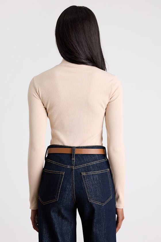 Wilde Beige Ribbed Long Sleeve Mock Neck Bodysuit