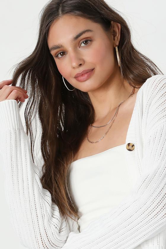 Fresh Feeling White Open Knit Button-Up Cardigan Sweater
