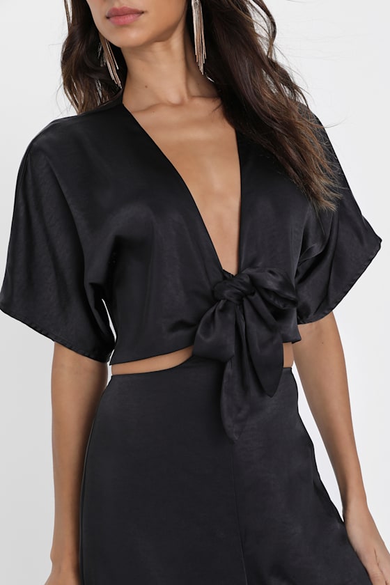 Flirt For Fun Black Tie-Front Two-Piece Wide-Leg Jumpsuit