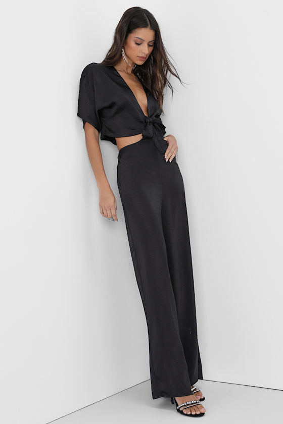 Flirt For Fun Black Tie-Front Two-Piece Wide-Leg Jumpsuit
