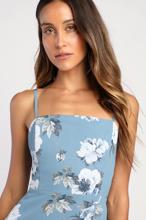 Feeling Elegant Slate Blue Floral Print Lace-Up Slit Maxi Dress
