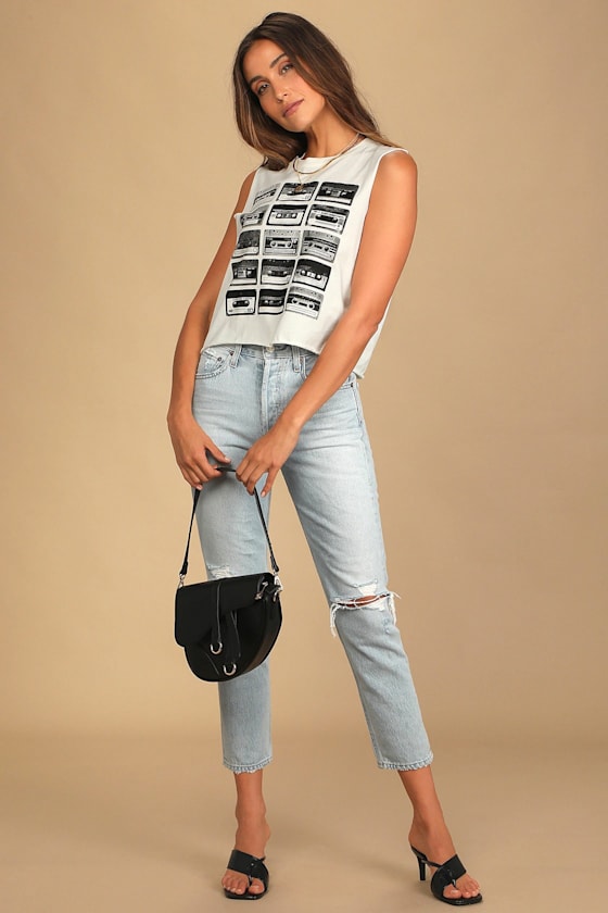 Cassette White Cropped Graphic Muscle Tank Top