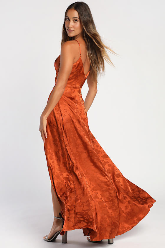 Simply Dreamy Rust Orange Satin Floral Jacquard Maxi Dress