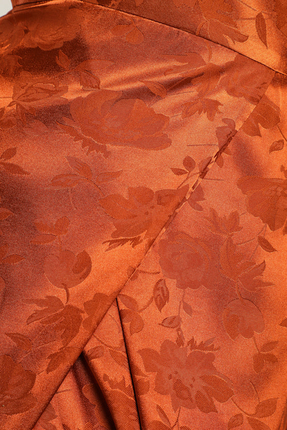 Simply Dreamy Rust Orange Satin Floral Jacquard Maxi Dress