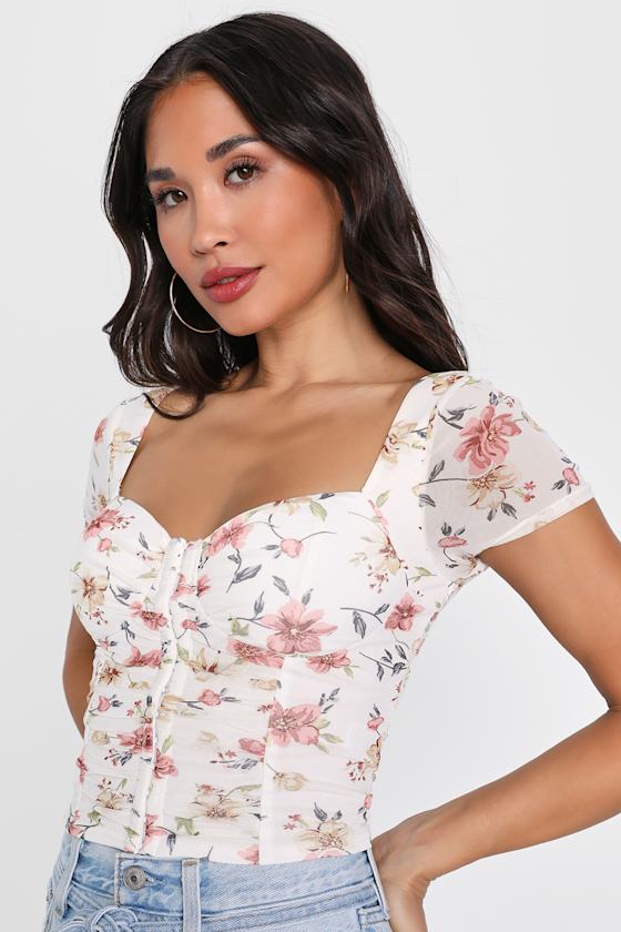 Sweeter Vibes Ivory Floral Mesh Short Sleeve Bustier Crop Top