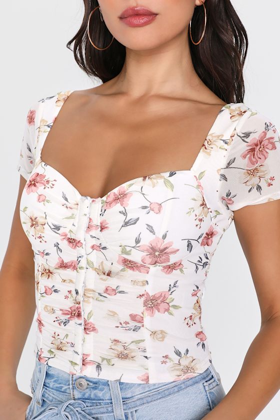 Sweeter Vibes Ivory Floral Mesh Short Sleeve Bustier Crop Top