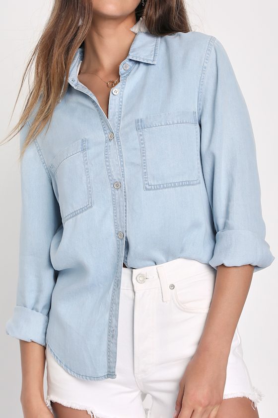 Daily Vibe Light Blue Chambray Long Sleeve Button-Up Top