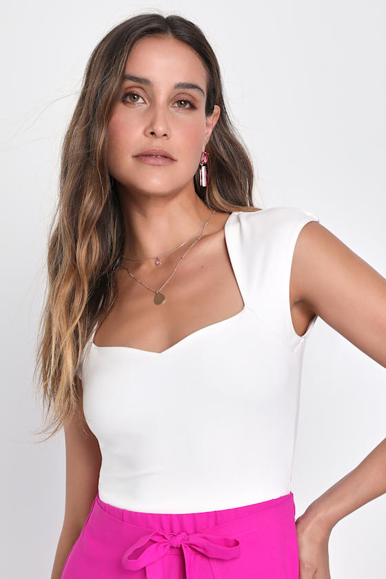 Poised Personality White Cap Sleeve Sweetheart Neck Top