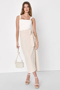 Breezy Personality Beige Linen Midi Wrap Skirt