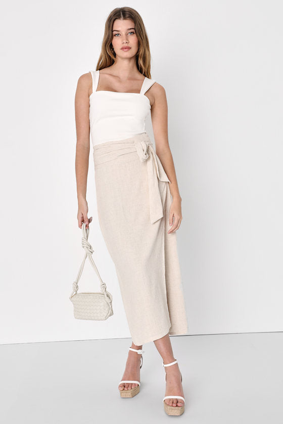 Breezy Personality Beige Linen Midi Wrap Skirt