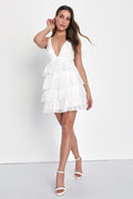 The Party's Tier White Organza Tiered Backless Mini Dress