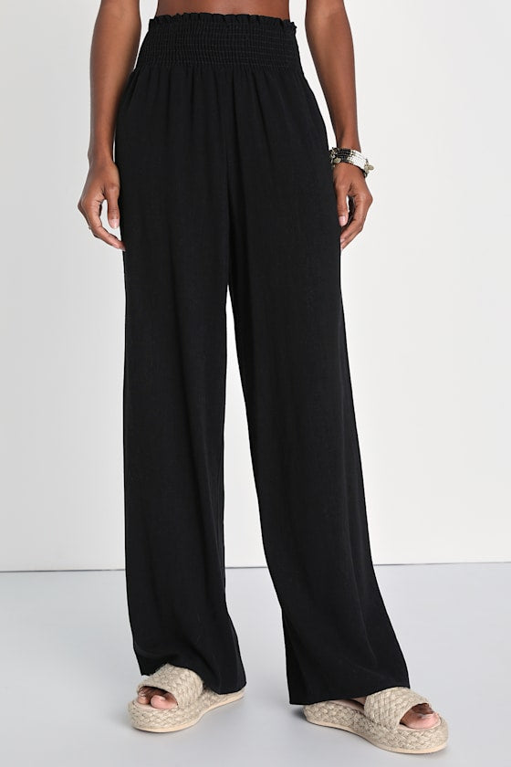 Hit the Breeze Black Smocked Wide-Leg Pants