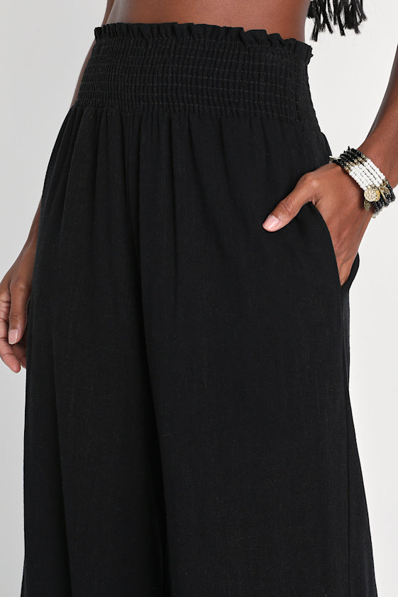 Hit the Breeze Black Smocked Wide-Leg Pants
