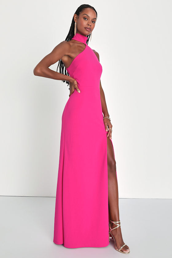 Keep It Interesting Hot Pink Asymmetrical Halter Maxi Dress