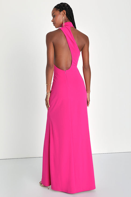 Keep It Interesting Hot Pink Asymmetrical Halter Maxi Dress