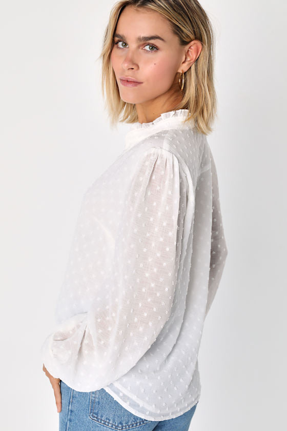 Delightful Charm White Swiss Dot Button-Up Long Sleeve Top