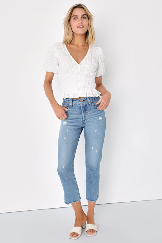 Dreamy Imaginings White Smocked Short Sleeve Button-Front Top