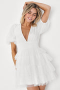 Dramatic Poise White Dot Tulle Puff Sleeve Tiered Mini Dress