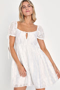 Exceptionally Angelic White Floral Puff Sleeve Mini Dress