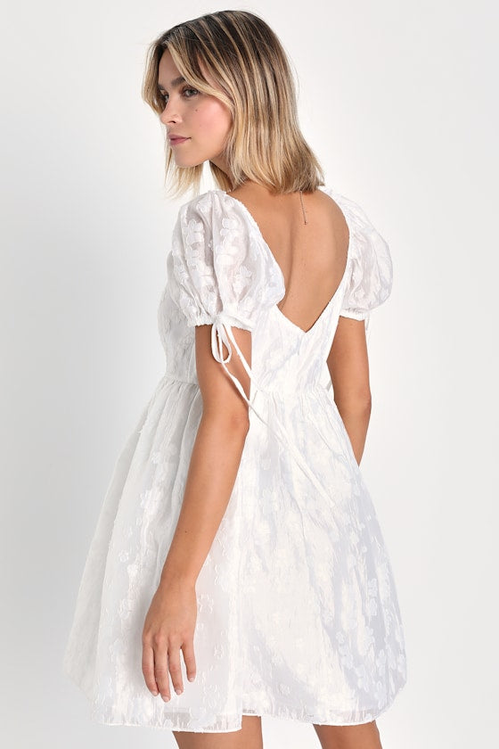 Exceptionally Angelic White Floral Puff Sleeve Mini Dress