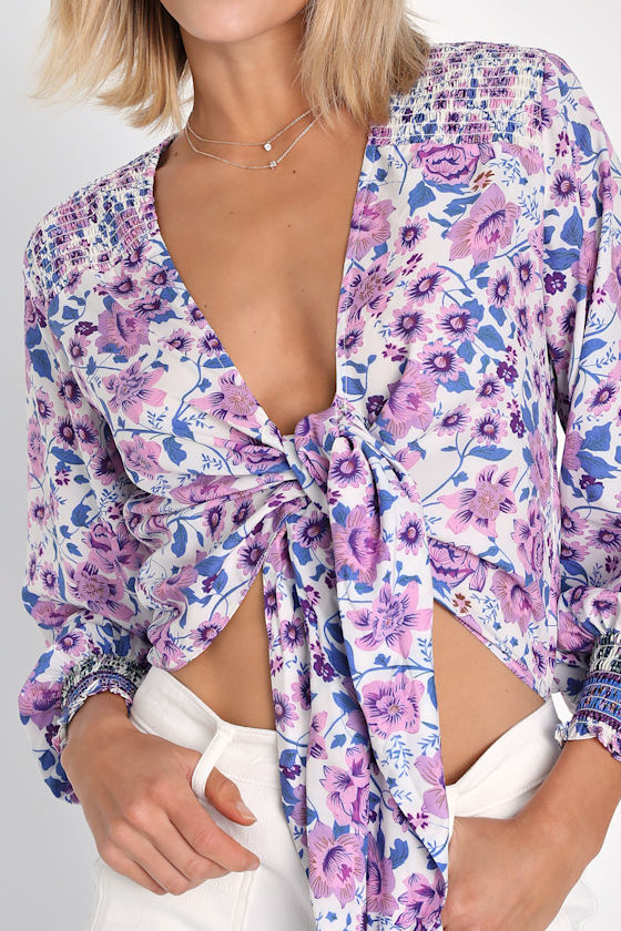 Blooming With Style Ivory Floral Tie-Front Long Sleeve Crop Top