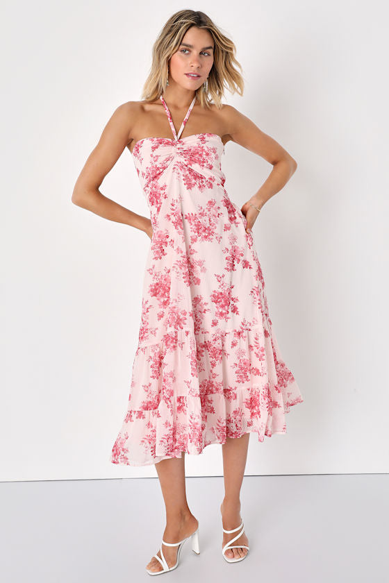 Lovely Radiance Blush Pink Floral Halter Tiered Midi Dress
